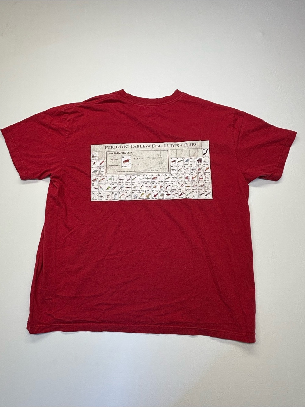 Vintage Columbia PFG Shirt Men's XL Red Periodic Table of Fish Lures & Flies